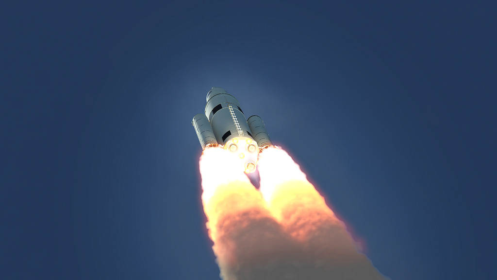 Rocket blasting off, view from below