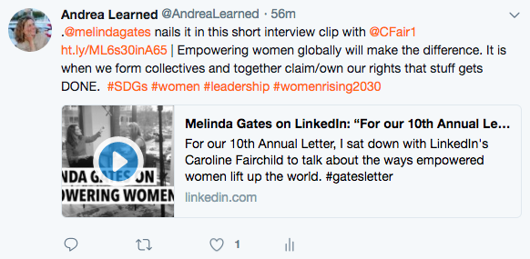 Tweet about Melinda Gates and importance of empowering women in tech and beyond. 