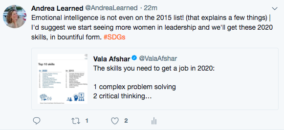 Vala Afshar tweet comparing key job skills needed in 2015 and 2020